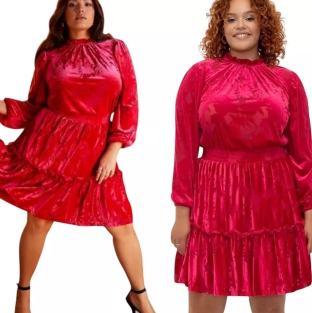 Eloquii Velvet Burnout Floral Tiered Mini Dress Hot Pink Magenta Womens 26/28 4X